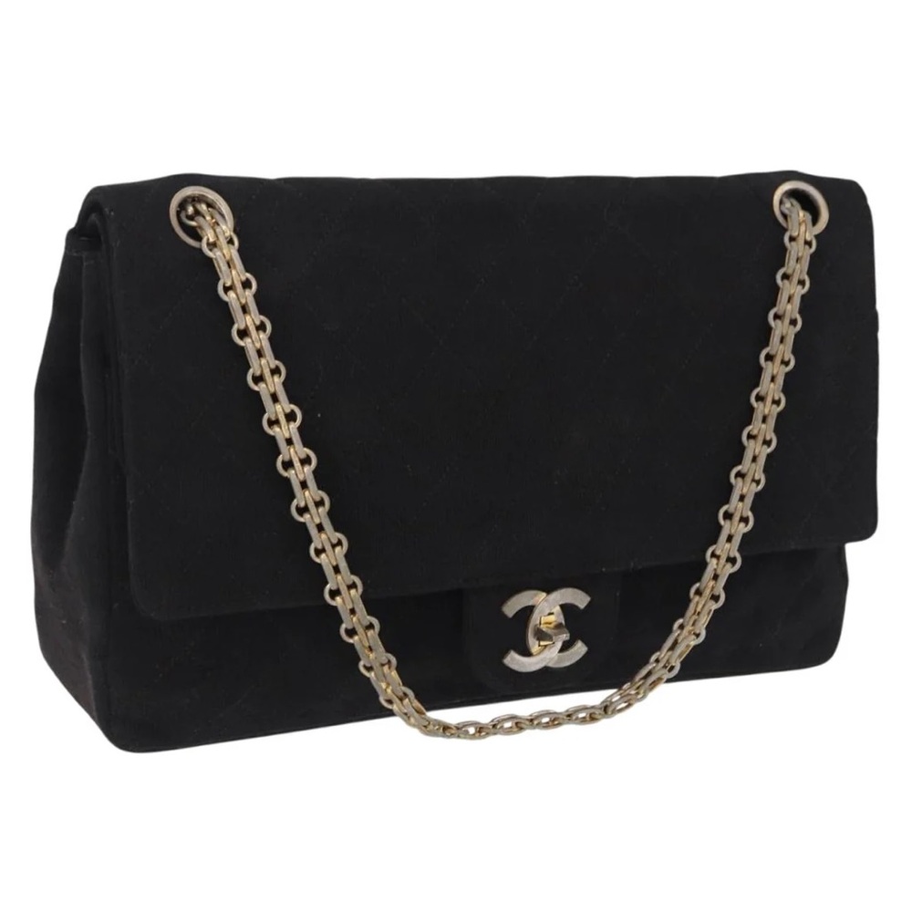 CHANEL Matelasse Chain Shoulder Bag Cotton Black Gold CC Auth bs36504